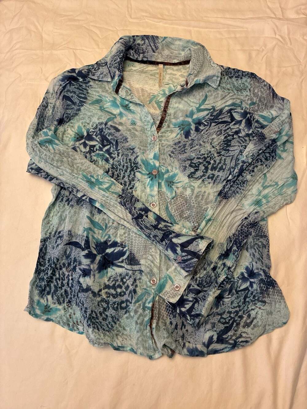 Michael Farrell Blue Floral Sheer Button Down Shirt with Velvet Trim Size L